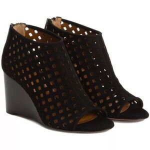 Aquatalia Nikita Open Toe Black Suede Wedge Ankle Bootie Sandal Perforated Zip 5